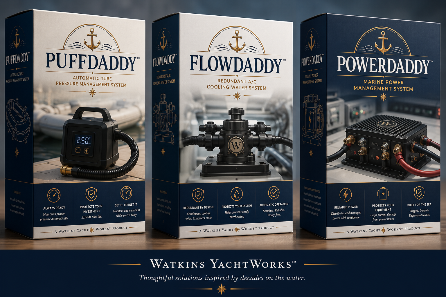 Watkins YachtWorks product boxes